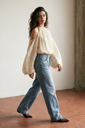 Cold-Shoulder Pleated Halter Blouse Top