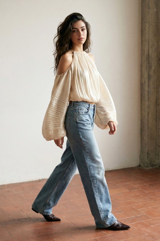 Cold-Shoulder Pleated Halter Blouse Top