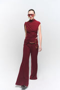 Ella Burgundy Asymmetric Top and Flare Pants Set