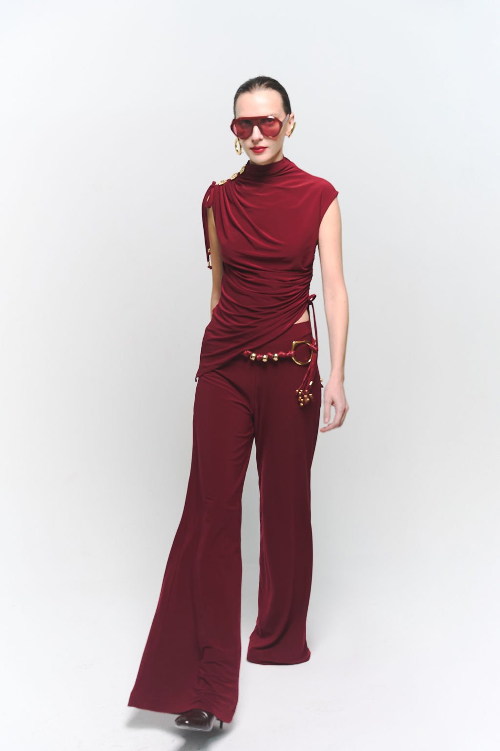 Ella Burgundy Asymmetric Top and Flare Pants Set