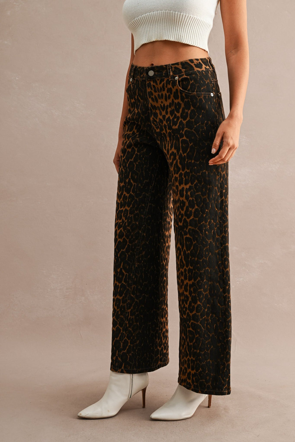 Leopard Print Wide Leg Jean Pants