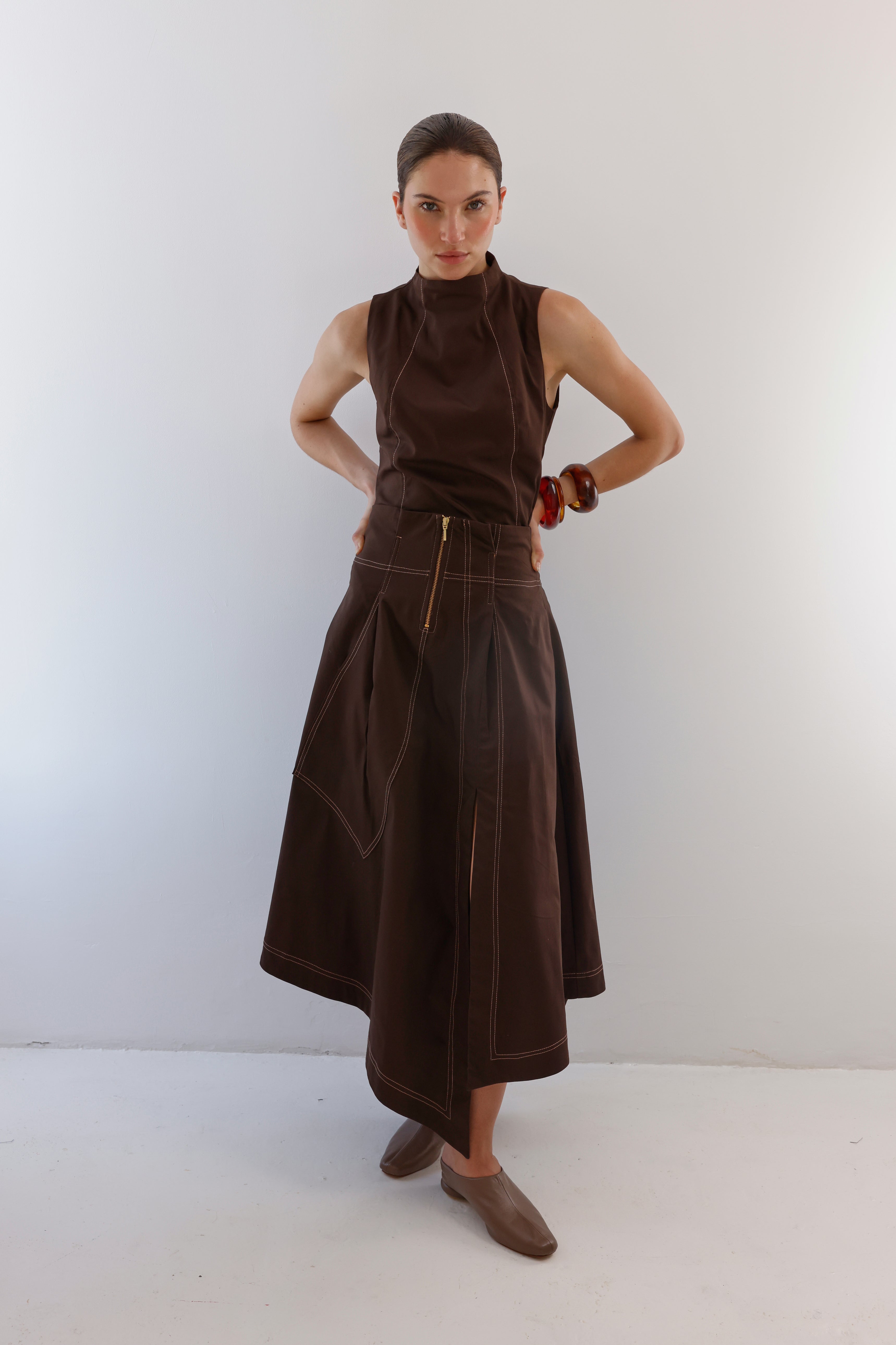 Alba Mocha Satin Blouse and Skirt Set