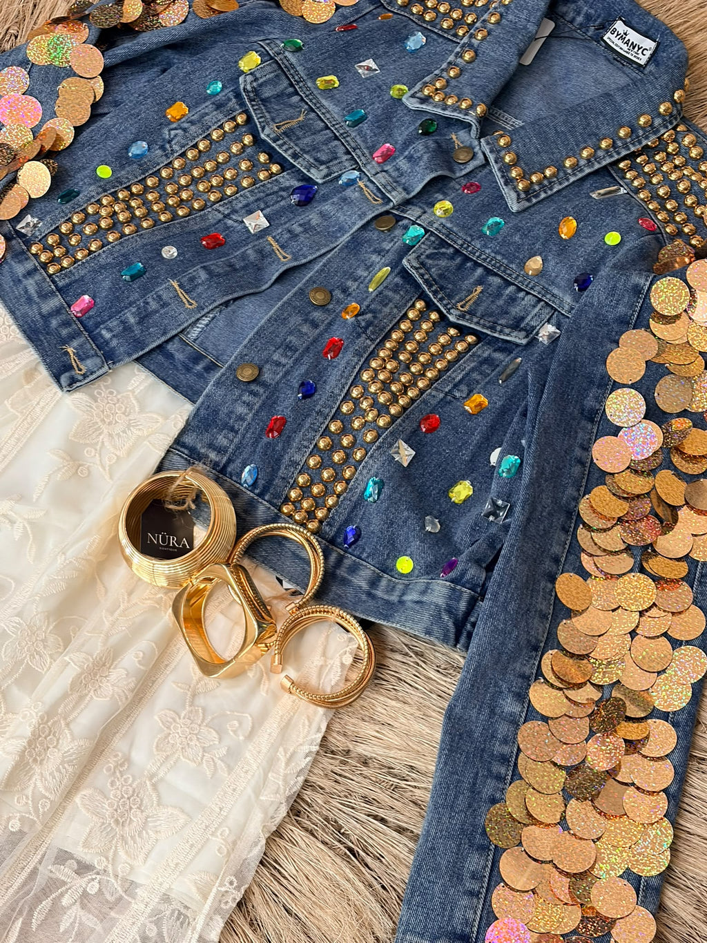 Embellished Gold Coin Denim Jacket